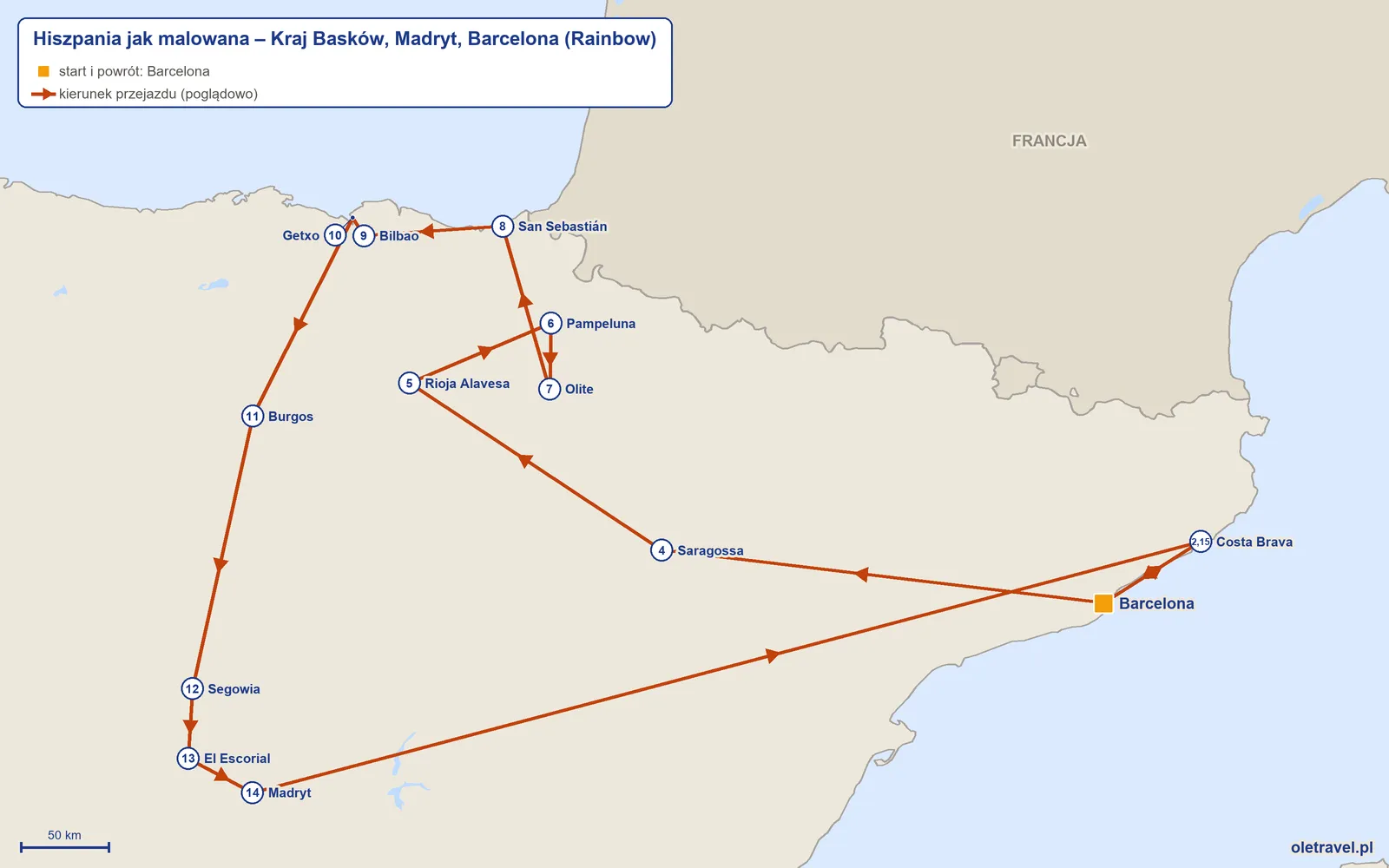 Mapa trasy wycieczki „Hiszpania jak malowana – Kraj Basków, Madryt, Barcelona” z Rainbow: Barcelona – Costa Brava – Barcelona – Saragossa – Rioja Alavesa – Pampeluna – Olite – San Sebastián – Bilbao – Getxo – Burgos – Segowia – El Escorial – Madryt – Costa Brava – Barcelona