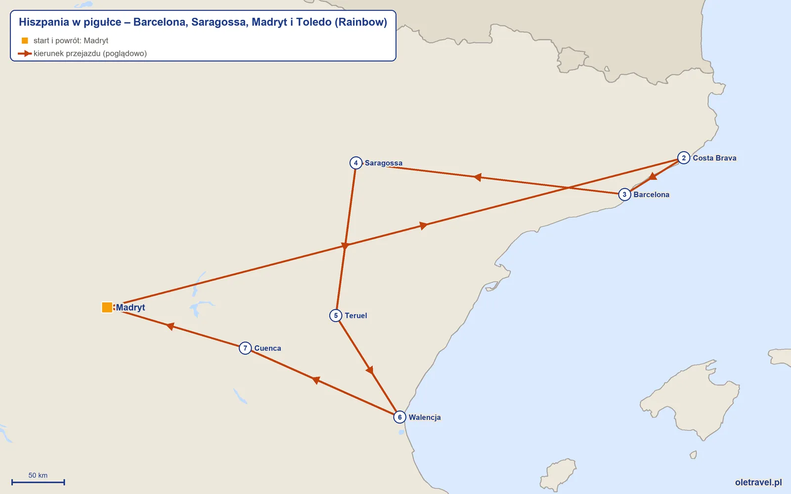 Mapa trasy wycieczki „Hiszpania w pigułce – Barcelona, Saragossa, Madryt i Toledo” z Rainbow: Madryt – Costa Brava – Barcelona – Saragossa – Teruel – Walencja – Cuenca – Madryt