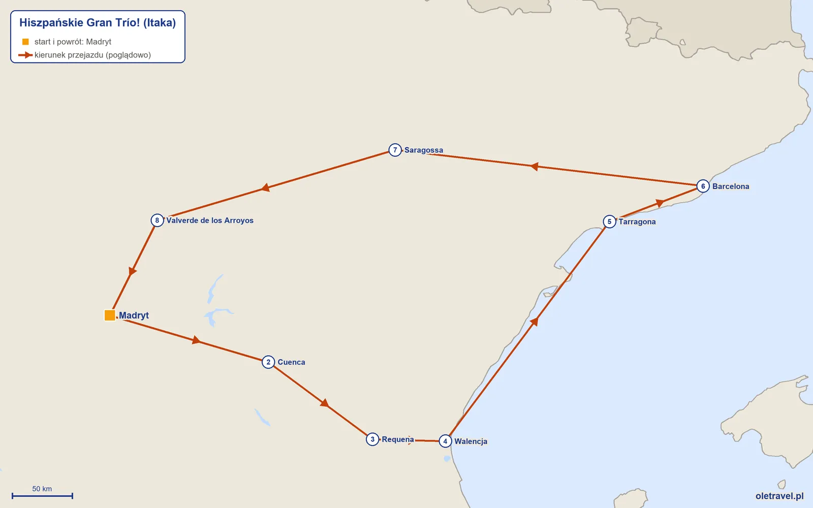 Mapa trasy wycieczki „Hiszpańskie Gran Trío!” z Itaką: Madryt – Cuenca – Requena – Walencja – Tarragona – Barcelona – Saragossa – Valverde de los Arroyos – Madryt