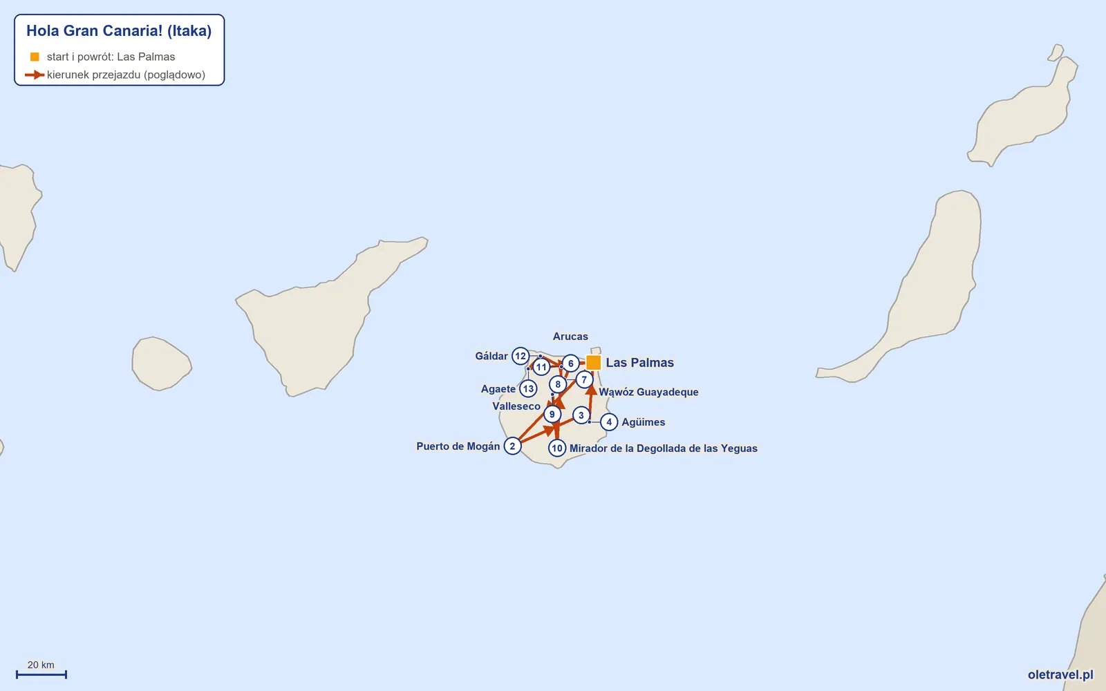 Mapa trasy wycieczki „Hola Gran Canaria!” z Itaką: Las Palmas – Puerto de Mogán – Wąwóz Guayadeque – Agüimes – Las Palmas – Arucas – Teror – Valleseco – Cruz de Tejeda – Mirador de la Degollada de las Yeguas – Firgas – Gáldar – Agaete – Las Palmas