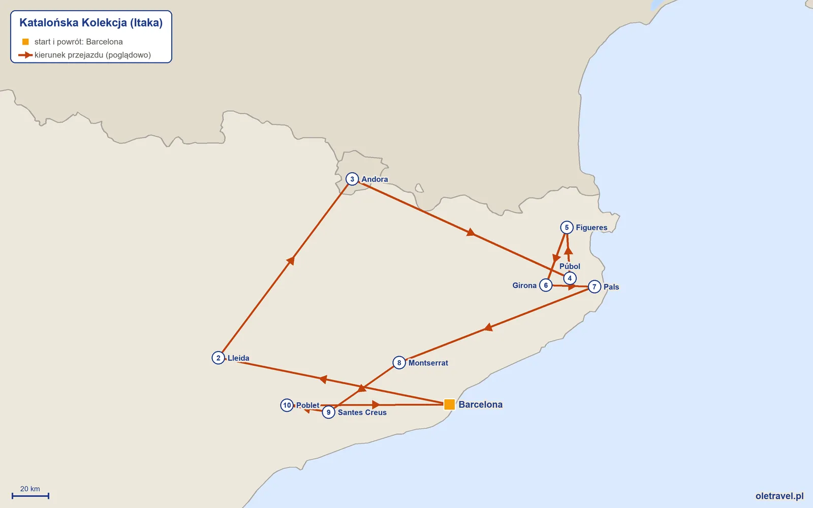 Mapa trasy wycieczki „Katalońska Kolekcja” z Itaką: Barcelona – Lleida – Andora – Púbol – Figueres – Girona – Pals – Montserrat – Santes Creus – Poblet – Barcelona