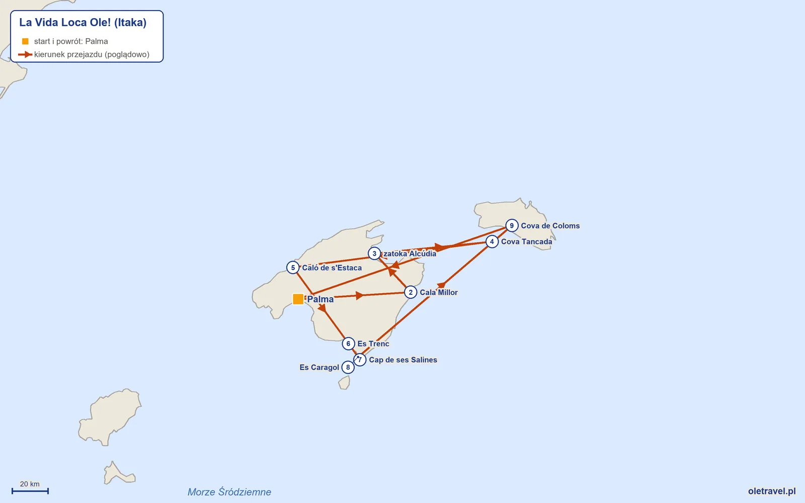 Mapa trasy wycieczki „La Vida Loca Ole!” z Itaką: Palma – Cala Millor – zatoka Alcúdia – Cova Tancada – Caló de s'Estaca – Es Trenc – Cap de ses Salines – Es Caragol – Cova de Coloms – Palma