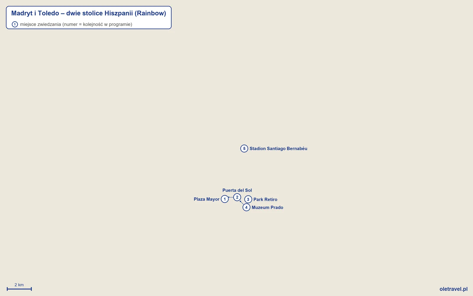 Mapa miejsc zwiedzanych na wycieczce „Madryt i Toledo – dwie stolice Hiszpanii” z Rainbow