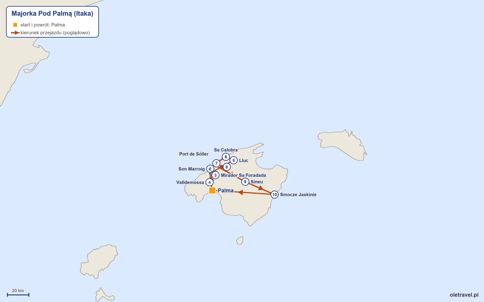Mapa trasy wycieczki „Majorka Pod Palmą” z Itaką: Palma – Son Marroig – Mirador Sa Foradada – Valldemossa – Lluc – Sa Calobra – Port de Sóller – Sóller – Sineu – Smocze Jaskinie – Palma