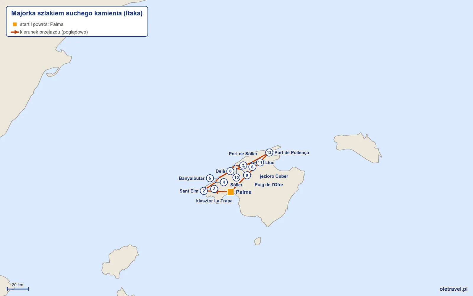 Mapa trasy wycieczki „Majorka szlakiem suchego kamienia” z Itaką: Palma – Sant Elm – klasztor La Trapa – Estellencs – Banyalbufar – Deià – Port de Sóller – jezioro Cuber – Puig de l'Ofre – Sóller – Lluc – Port de Pollença – Palma