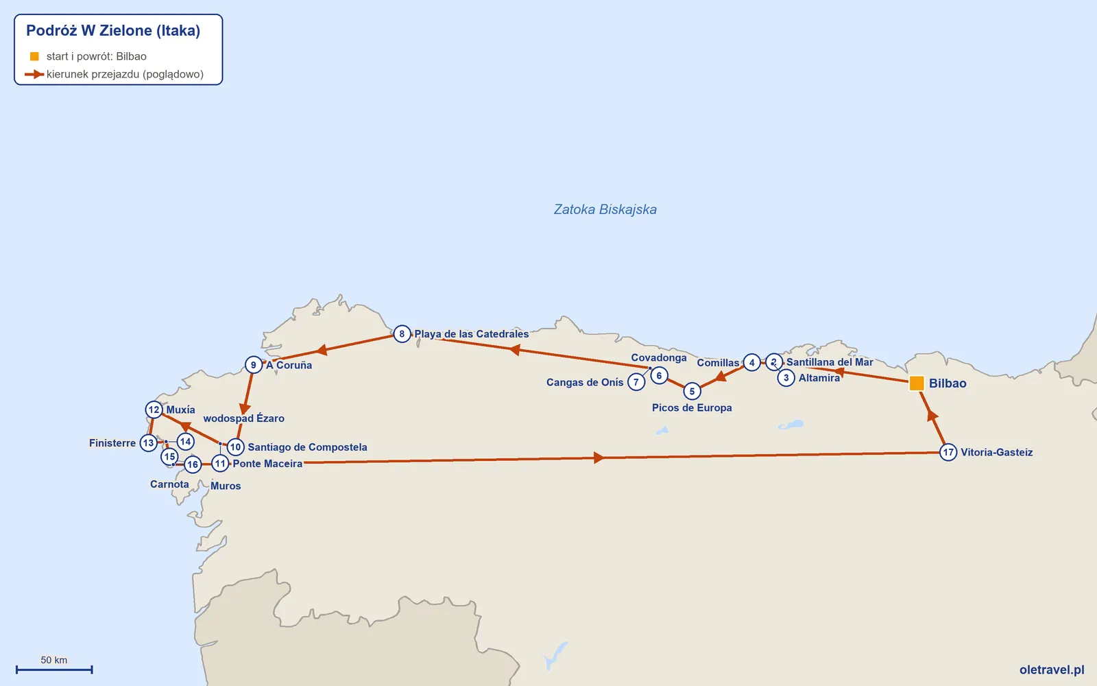 Mapa trasy wycieczki „Podróż W Zielone” z Itaką: Bilbao – Santillana del Mar – Altamira – Comillas – Picos de Europa – Covadonga – Cangas de Onís – Playa de las Catedrales – A Coruña – Santiago de Compostela – Ponte Maceira – Muxía – Finisterre – wodospad Ézaro – Carnota – Muros – Vitoria-Gasteiz – Bilbao