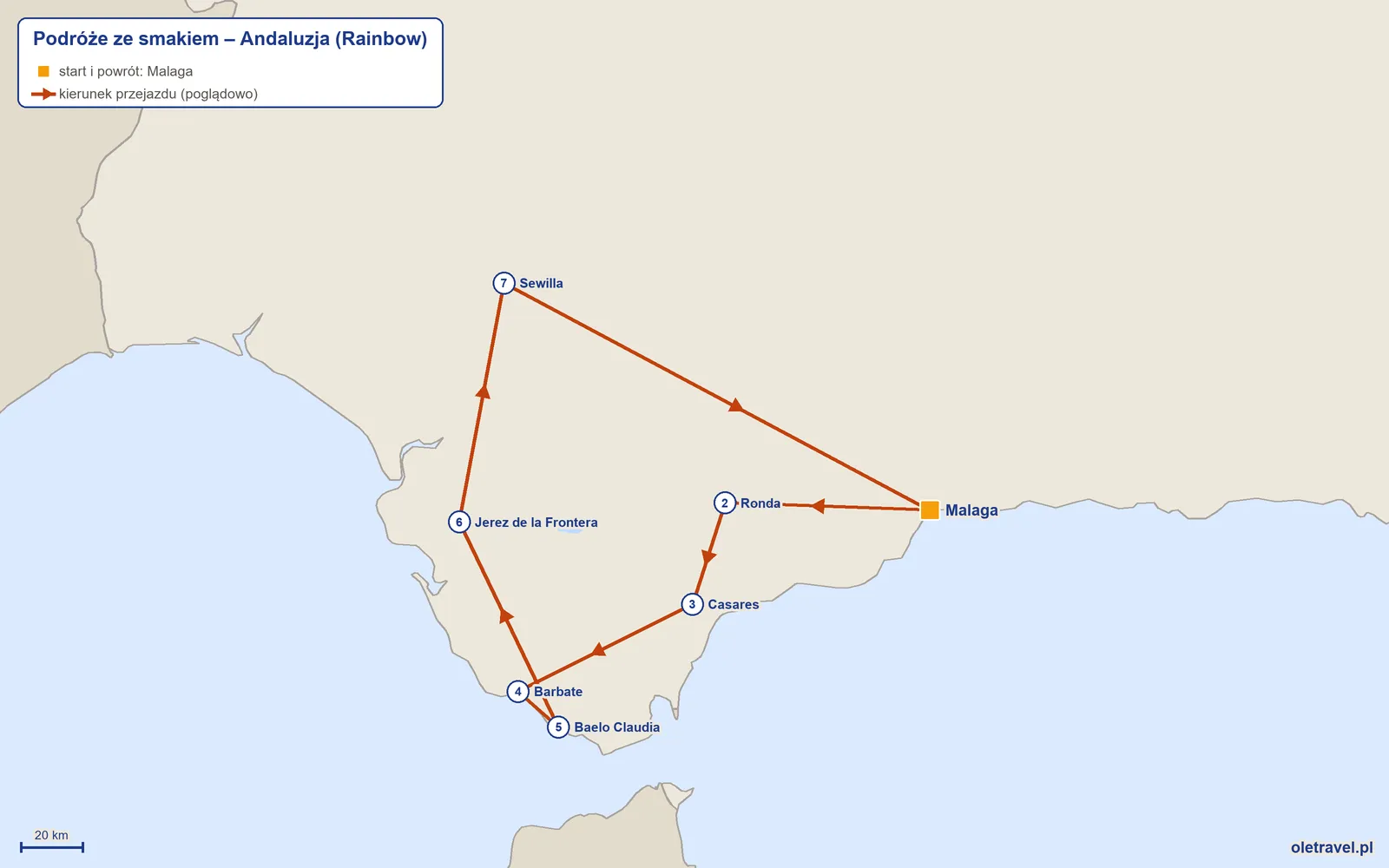 Mapa trasy wycieczki „Podróże ze smakiem – Andaluzja” z Rainbow: Malaga – Ronda – Casares – Barbate – Baelo Claudia – Jerez de la Frontera – Sewilla – Malaga