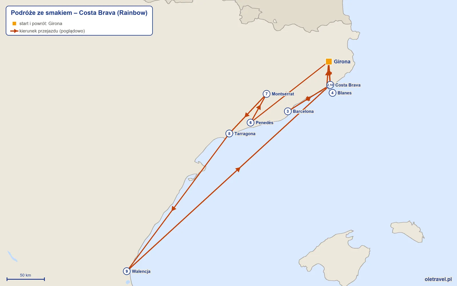 Mapa trasy wycieczki „Podróże ze smakiem – Costa Brava” z Rainbow: Girona – Costa Brava – Barcelona – Blanes – Girona – Penedès – Montserrat – Tarragona – Walencja – Costa Brava – Girona