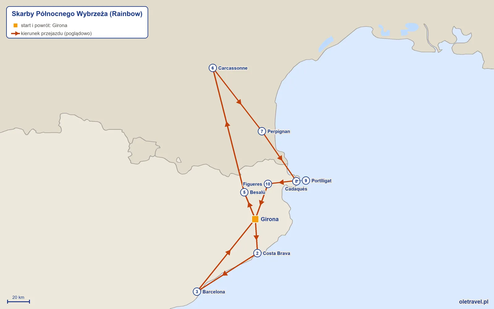 Mapa trasy wycieczki „Skarby Północnego Wybrzeża” z Rainbow: Girona – Costa Brava – Barcelona – Girona – Besalú – Carcassonne – Perpignan – Cadaqués – Portlligat – Figueres – Girona