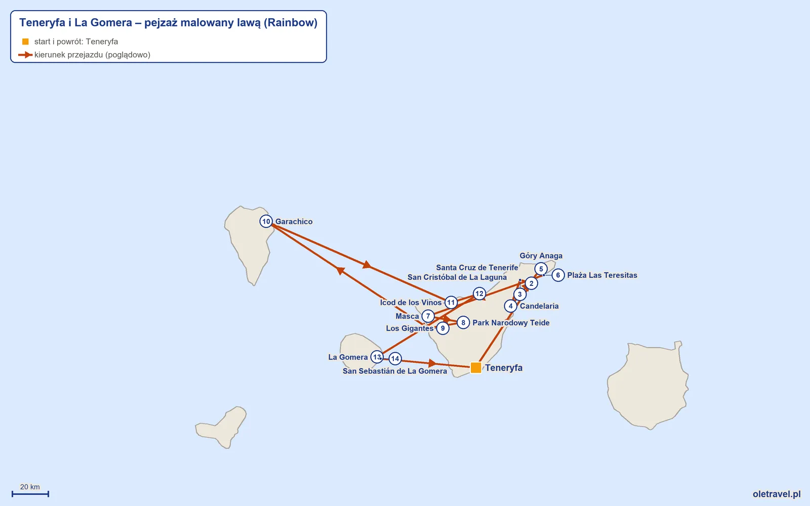 Mapa trasy wycieczki „Teneryfa i La Gomera – pejzaż malowany lawą” z Rainbow: Teneryfa – Santa Cruz de Tenerife – San Cristóbal de La Laguna – Candelaria – Góry Anaga – Plaża Las Teresitas – Masca – Park Narodowy Teide – Los Gigantes – Garachico – Icod de los Vinos – Puerto de la Cruz – La Gomera – San Sebastián de La Gomera – Teneryfa