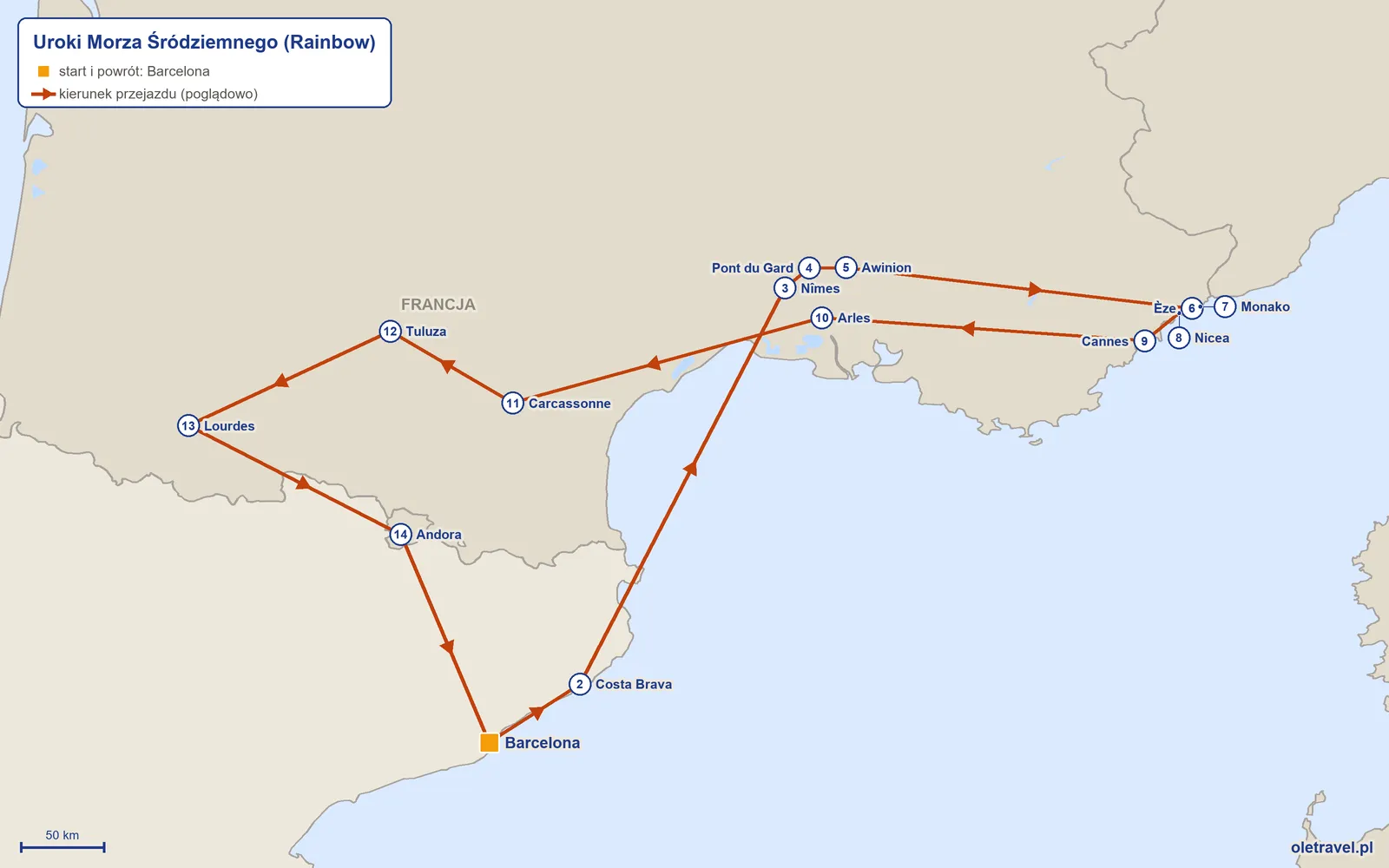 Mapa trasy wycieczki „Uroki Morza Śródziemnego” z Rainbow: Barcelona – Costa Brava – Nîmes – Pont du Gard – Awinion – Èze – Monako – Nicea – Cannes – Arles – Carcassonne – Tuluza – Lourdes – Andora – Barcelona