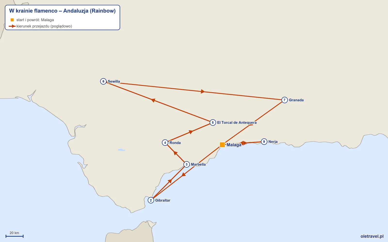 Mapa trasy wycieczki „W krainie flamenco – Andaluzja” z Rainbow: Malaga – Gibraltar – Marbella – Ronda – El Torcal de Antequera – Sewilla – Granada – Malaga – Nerja – Malaga