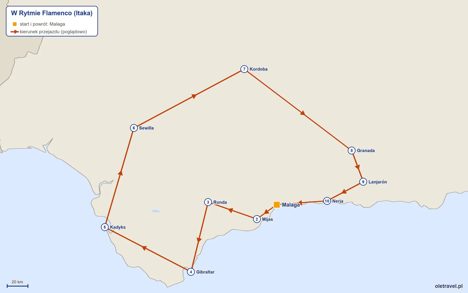 Mapa trasy wycieczki „W Rytmie Flamenco” z Itaką: Malaga – Mijas – Ronda – Gibraltar – Kadyks – Sewilla – Kordoba – Granada – Lanjarón – Nerja – Malaga