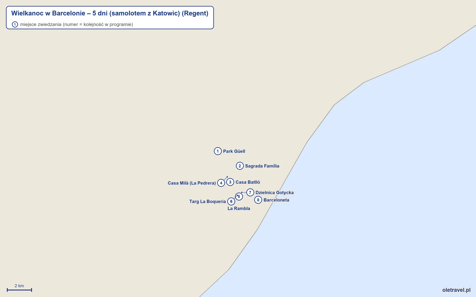 Mapa miejsc zwiedzanych na wycieczce „Wielkanoc w Barcelonie – 5 dni (samolotem z Katowic)” z biurem Regent