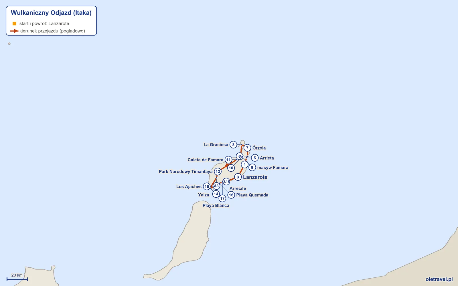 Mapa trasy wycieczki „Wulkaniczny Odjazd” z Itaką: Lanzarote – Puerto del Carmen – Arrecife – Guatiza – Arrieta – Punta Mujeres – Órzola – La Graciosa – masyw Famara – Haría – Caleta de Famara – Park Narodowy Timanfaya – Yaiza – Playa Blanca – Los Ajaches – Playa Quemada – Puerto Calero – Puerto del Carmen – Lanzarote