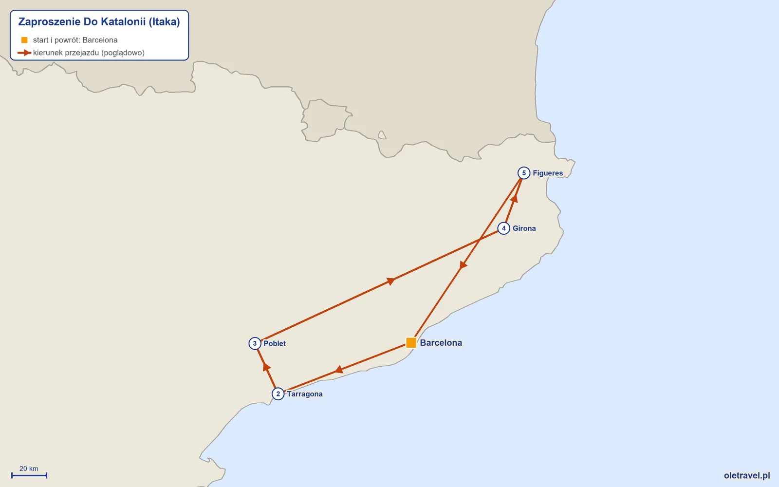 Mapa trasy wycieczki „Zaproszenie Do Katalonii” z Itaką: Barcelona – Tarragona – Poblet – Girona – Figueres – Barcelona