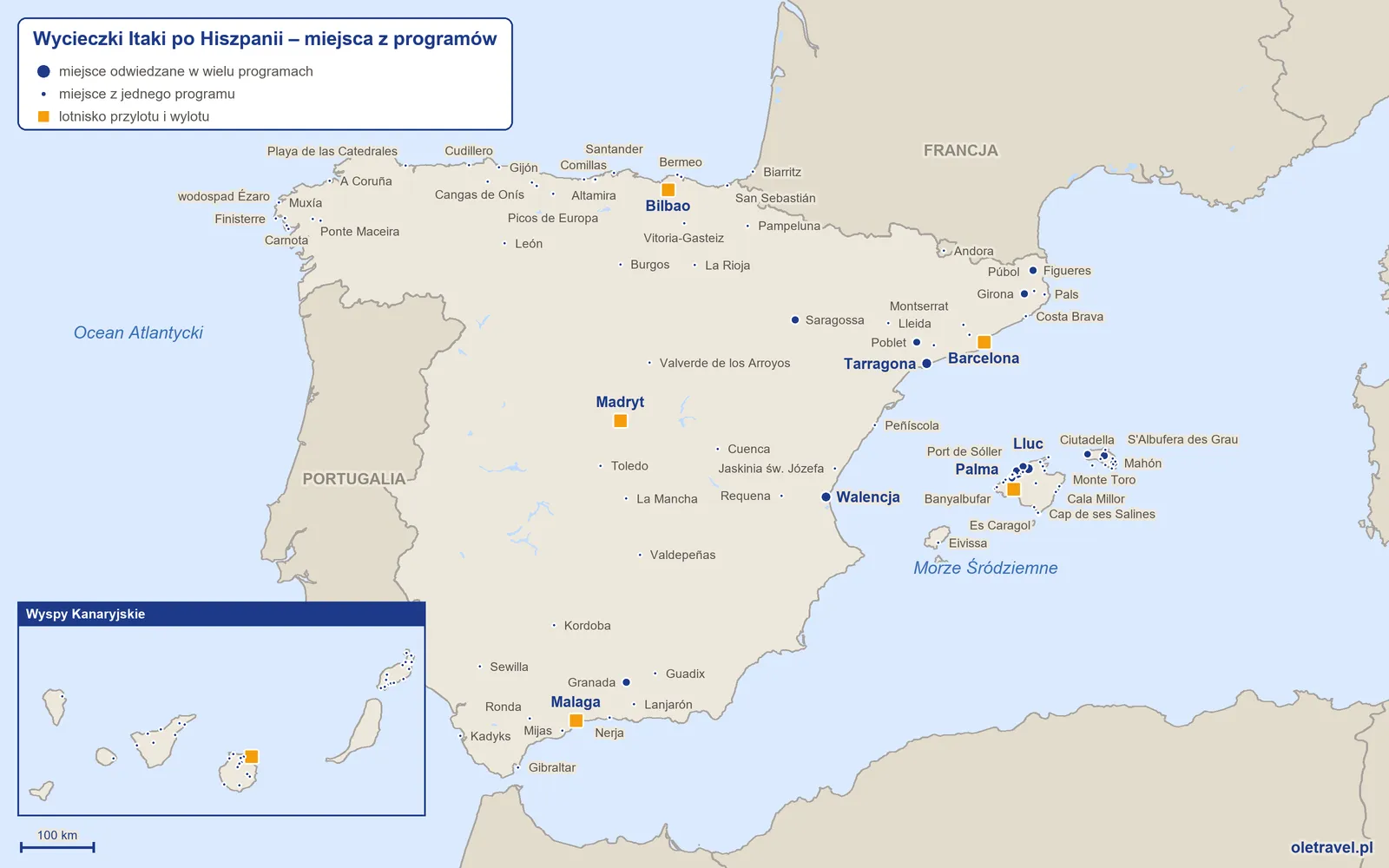 Mapa: Hiszpania z miejscami z programów wycieczek objazdowych Itaki