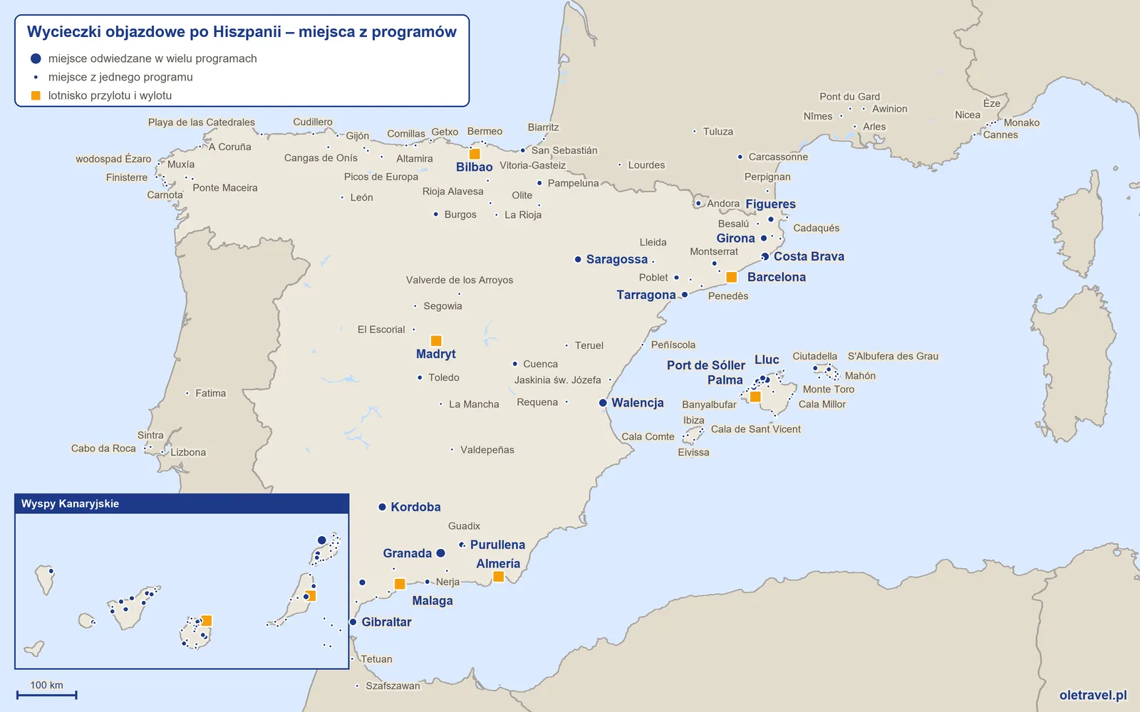 Mapa: Hiszpania z miejscami odwiedzanymi na wycieczkach objazdowych z naszej oferty