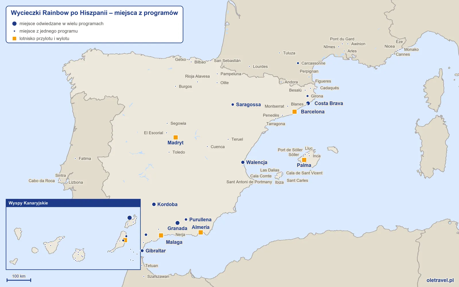 Mapa: Hiszpania z miejscami z programów wycieczek objazdowych Rainbow