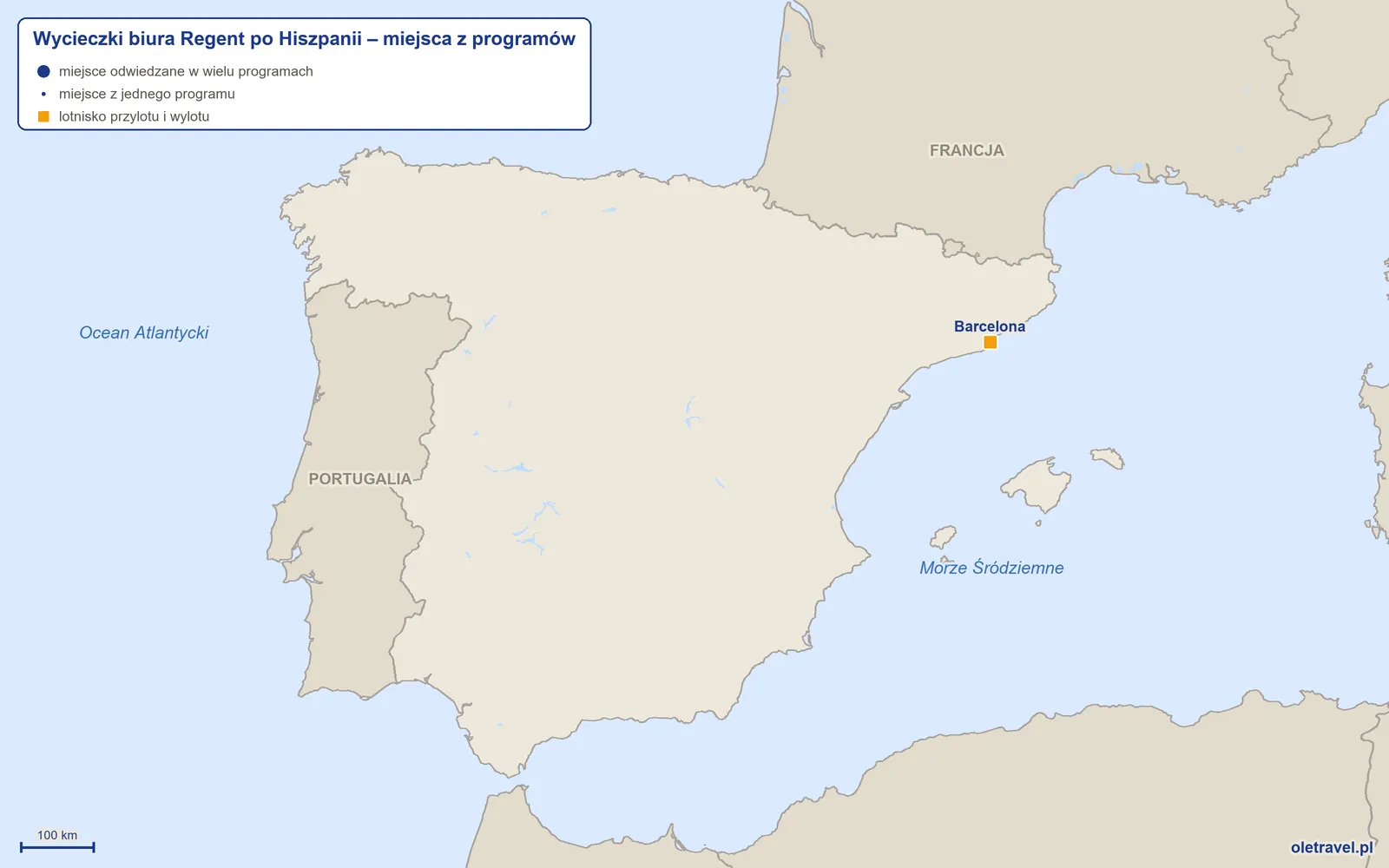 Mapa: Hiszpania z miejscami z programów wycieczek objazdowych biura Regent