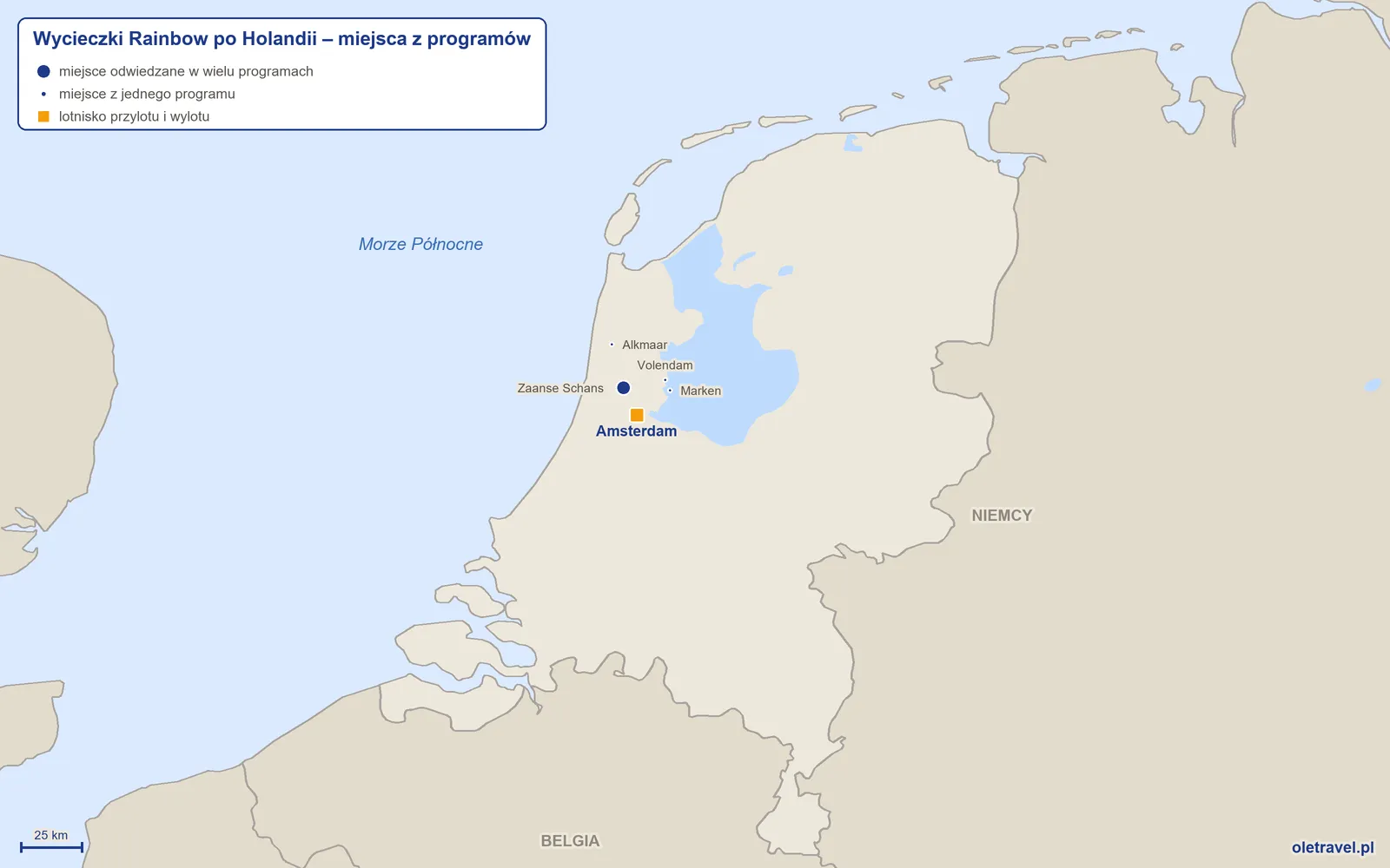 Mapa: Holandia z miejscami z programów wycieczek objazdowych Rainbow