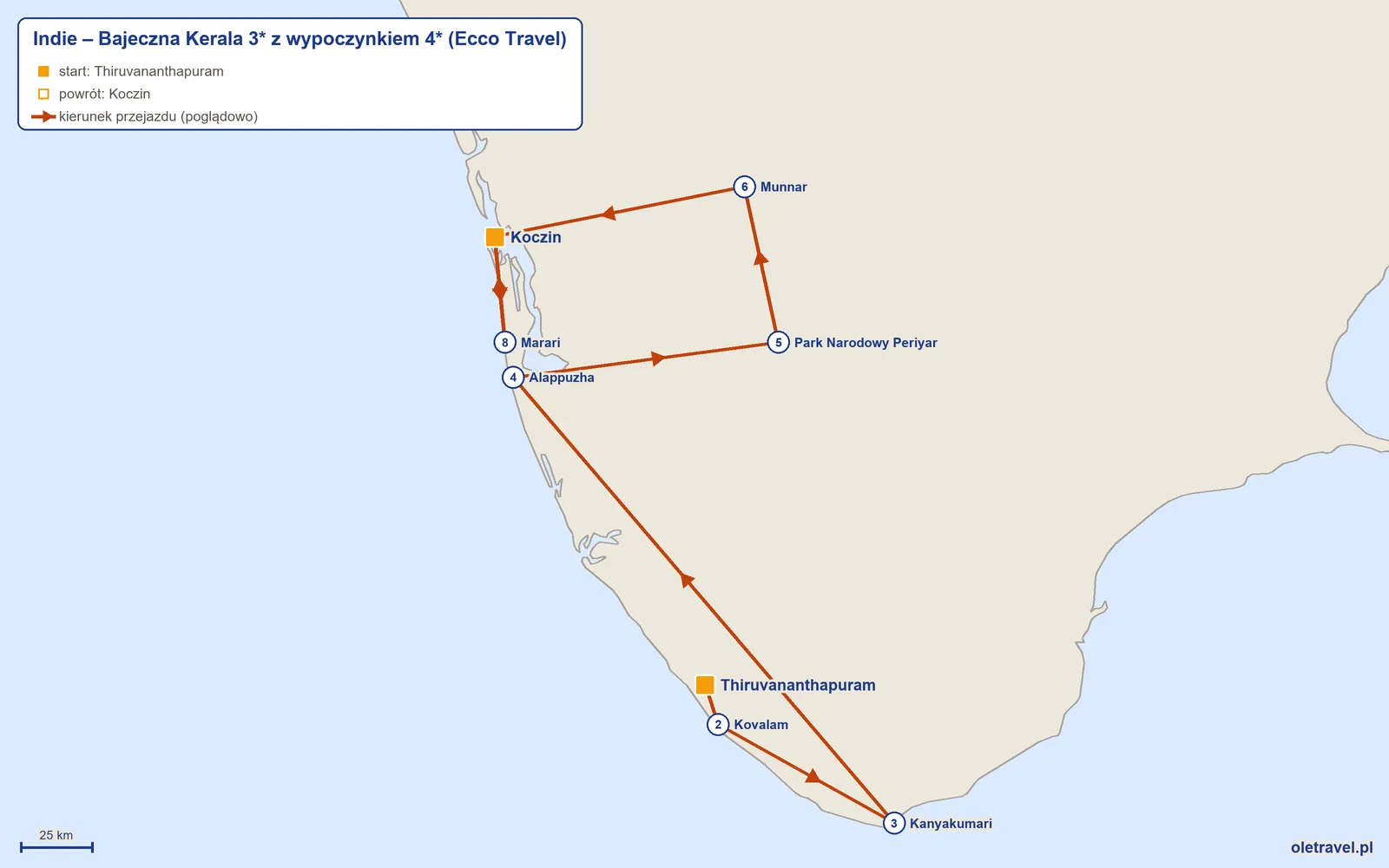 Mapa trasy wycieczki „Indie – Bajeczna Kerala 3* z wypoczynkiem 4*” z Ecco Travel: Thiruvananthapuram – Kovalam – Kanyakumari – Alappuzha – Park Narodowy Periyar – Munnar – Koczin – Marari – Koczin