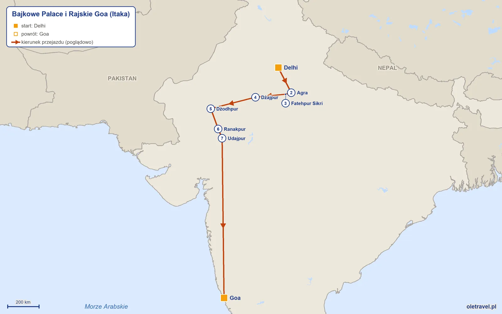 Mapa trasy wycieczki „Bajkowe Pałace i Rajskie Goa” z Itaką: Delhi – Agra – Fatehpur Sikri – Dżajpur – Dżodhpur – Ranakpur – Udajpur – Goa