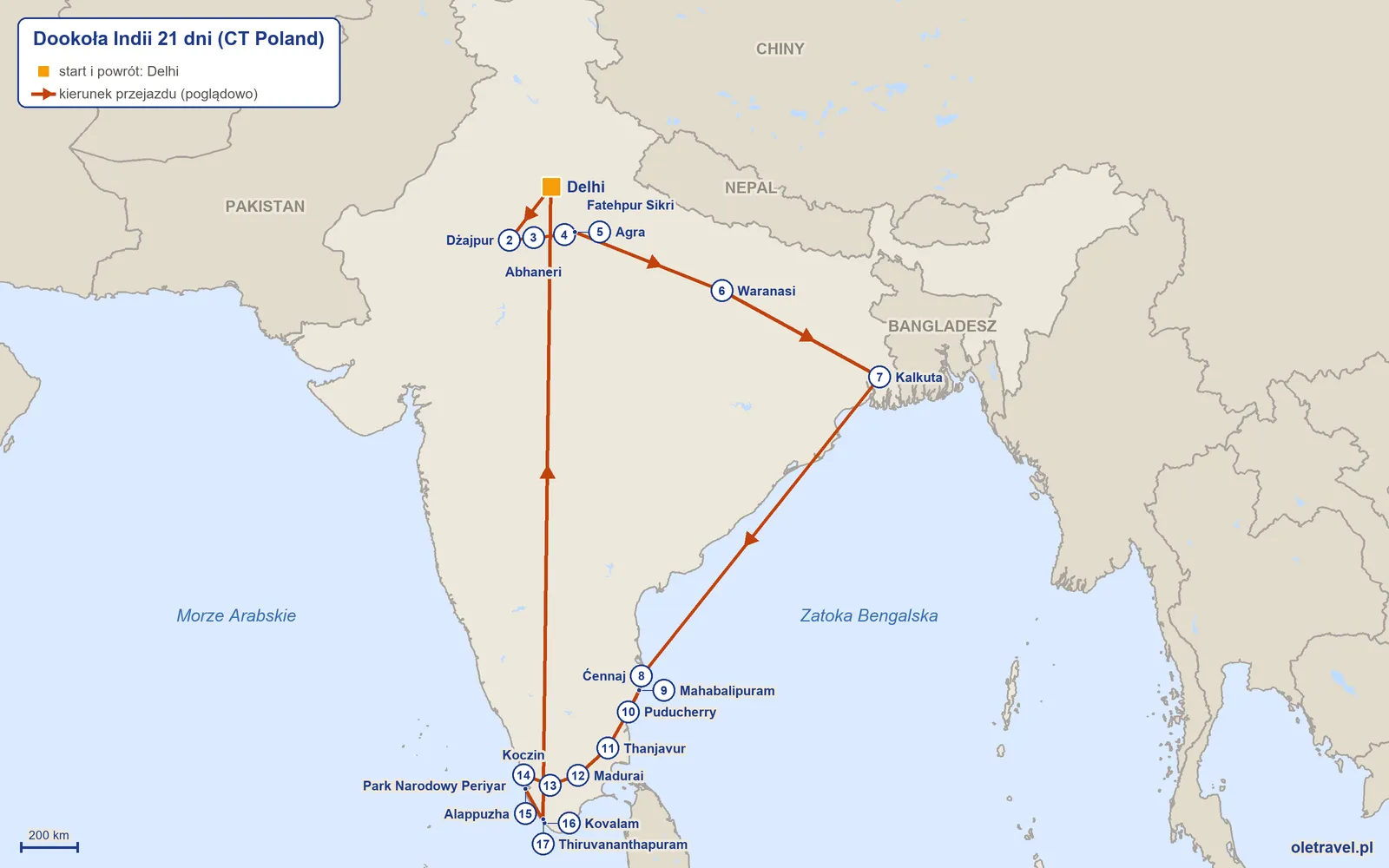 Mapa trasy wycieczki „Dookoła Indii 21 dni” z CT Poland: Delhi – Dżajpur – Abhaneri – Fatehpur Sikri – Agra – Waranasi – Kalkuta – Ćennaj – Mahabalipuram – Puducherry – Thanjavur – Madurai – Park Narodowy Periyar – Koczin – Alappuzha – Kovalam – Thiruvananthapuram – Delhi