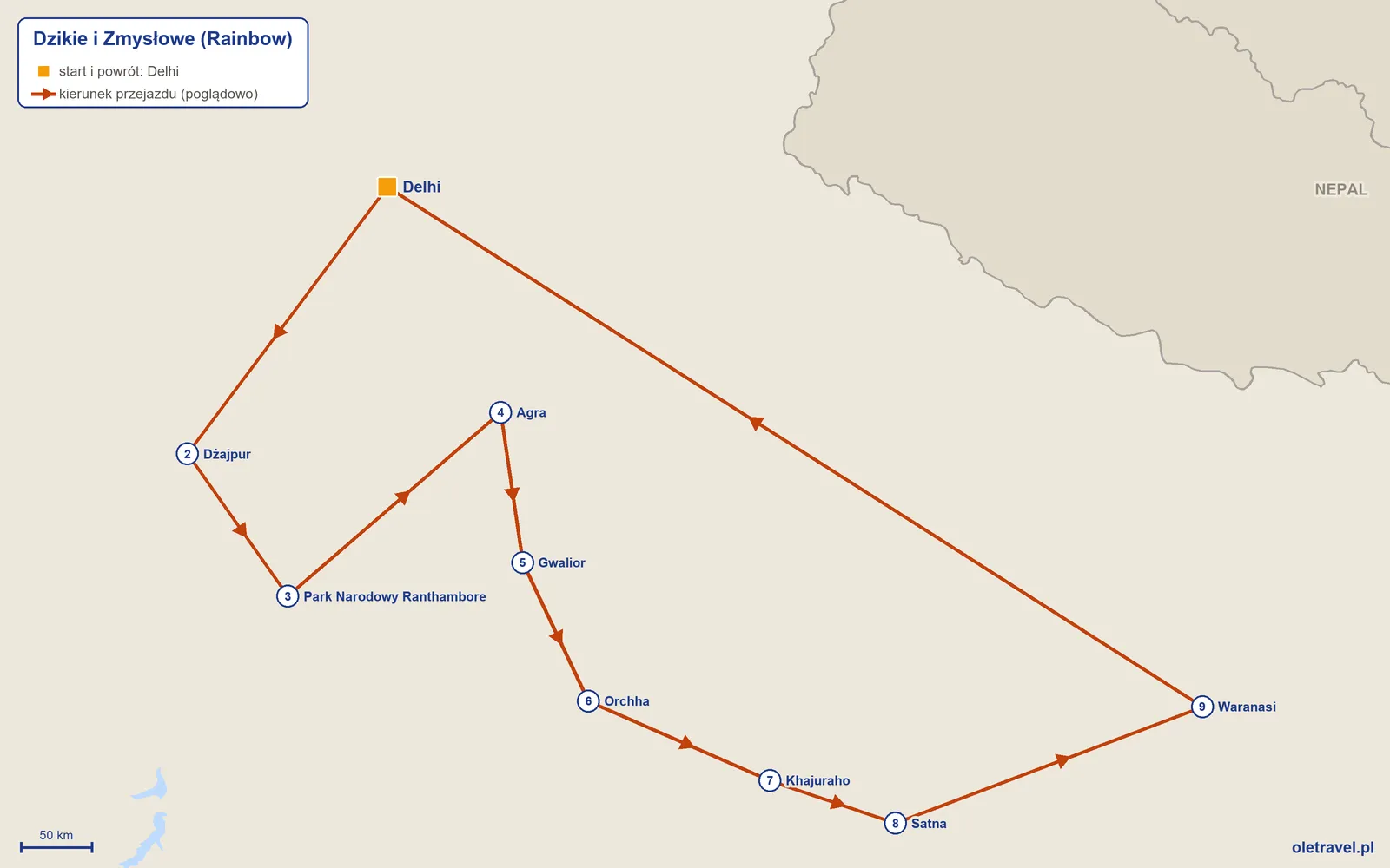 Mapa trasy wycieczki „Dzikie i Zmysłowe” z Rainbow: Delhi – Dżajpur – Park Narodowy Ranthambore – Agra – Gwalior – Orchha – Khajuraho – Satna – Waranasi – Delhi