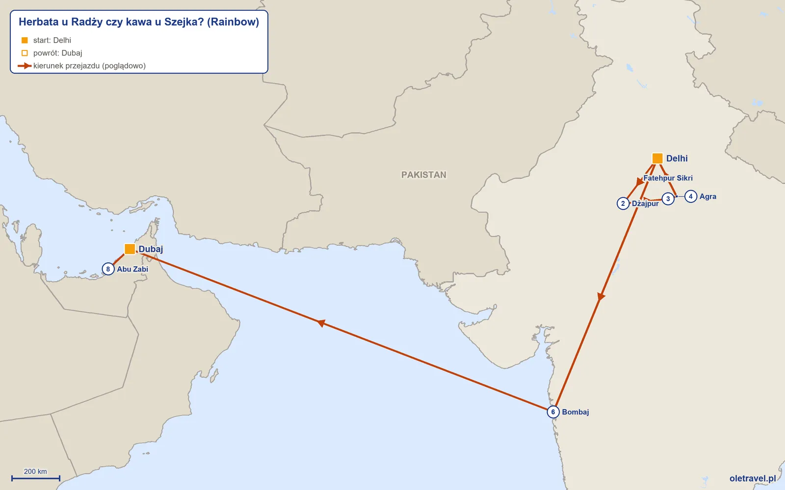 Mapa trasy wycieczki „Herbata u Radży czy kawa u Szejka?” z Rainbow: Delhi – Dżajpur – Fatehpur Sikri – Agra – Delhi – Bombaj – Dubaj – Abu Zabi – Dubaj