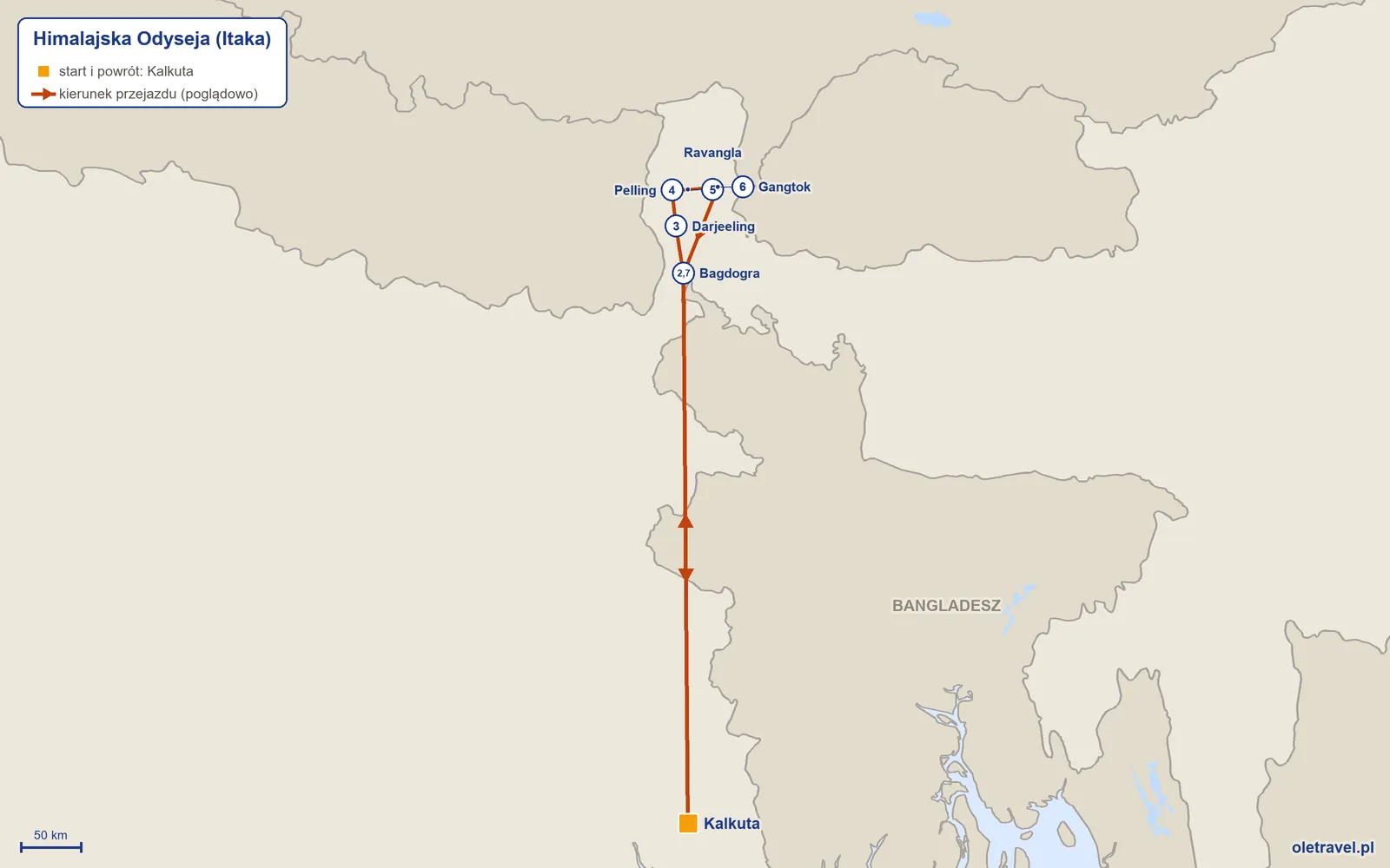 Mapa trasy wycieczki „Himalajska Odyseja” z Itaką: Kalkuta – Bagdogra – Darjeeling – Pelling – Ravangla – Gangtok – Bagdogra – Kalkuta