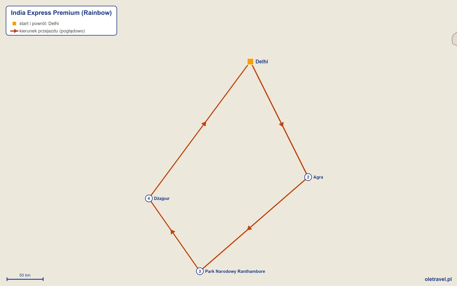 Mapa trasy wycieczki „India Express Premium” z Rainbow: Delhi – Agra – Park Narodowy Ranthambore – Dżajpur – Delhi
