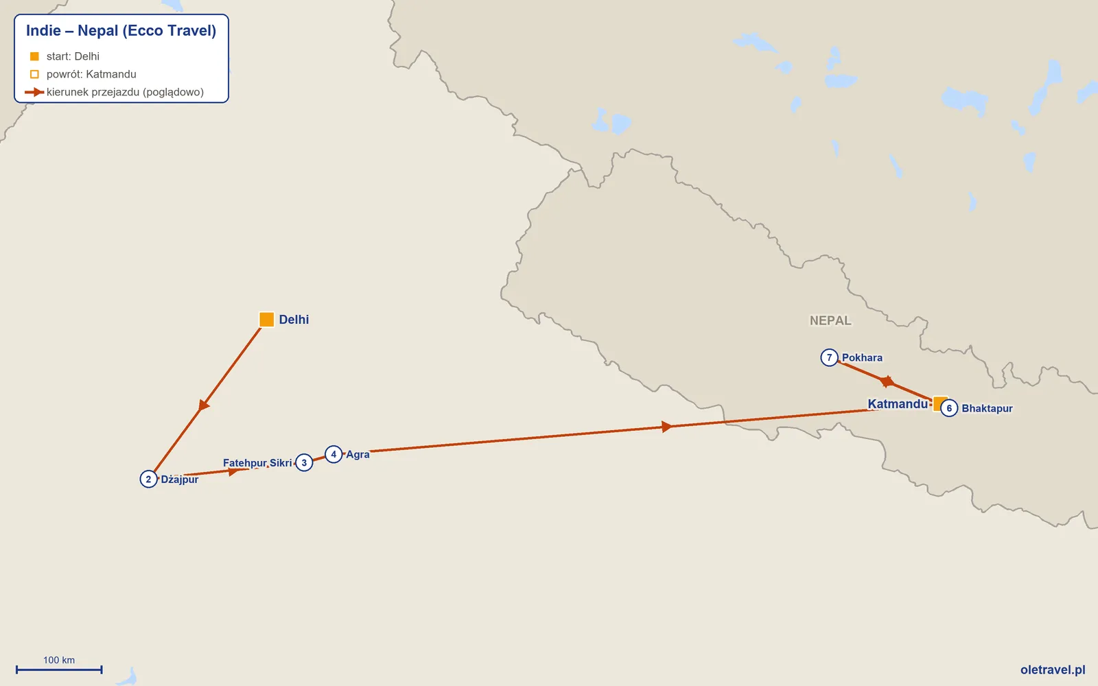 Mapa trasy wycieczki „Indie – Nepal” z Ecco Travel: Delhi – Dżajpur – Fatehpur Sikri – Agra – Katmandu – Bhaktapur – Pokhara – Katmandu