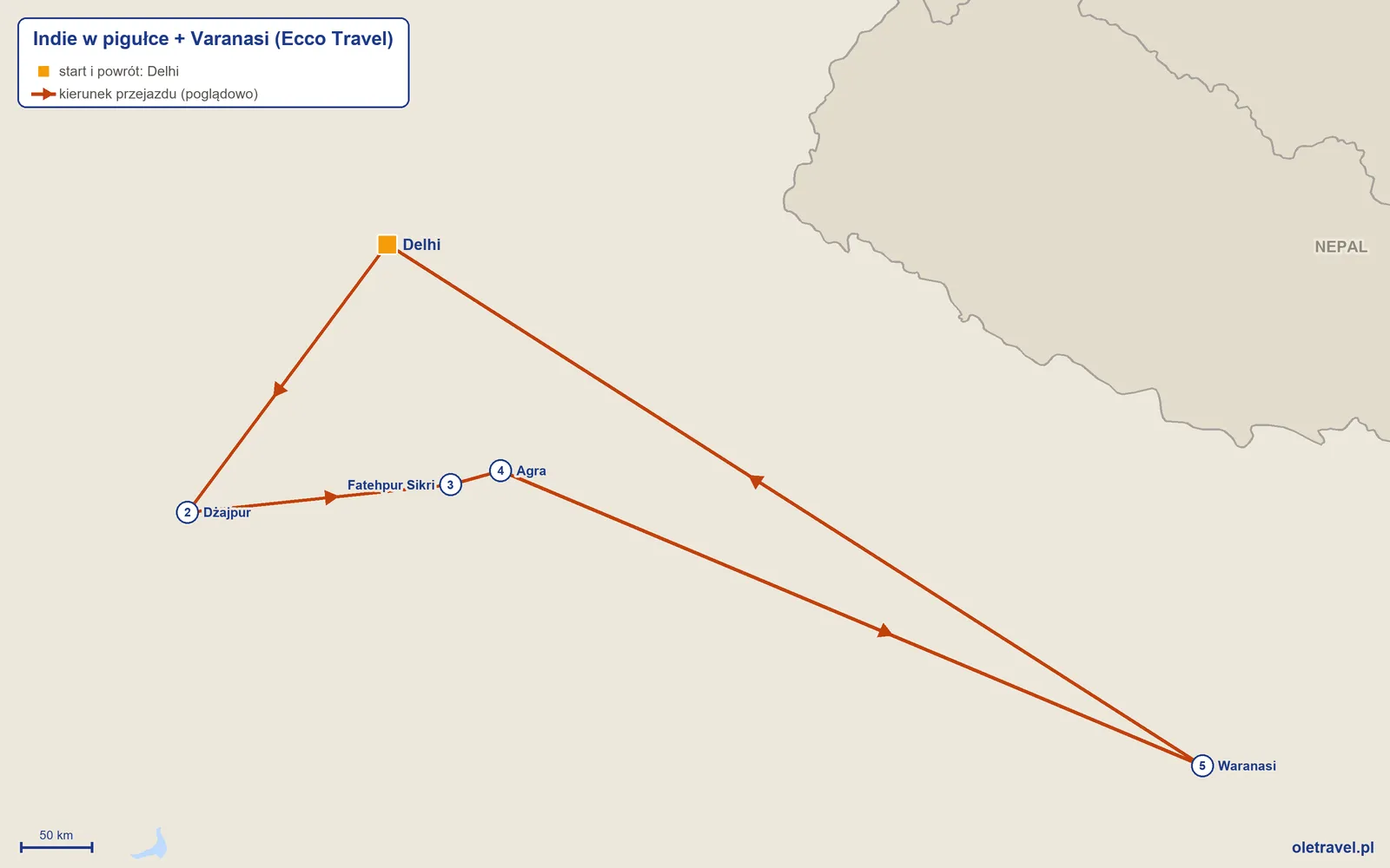 Mapa trasy wycieczki „Indie w pigułce + Varanasi” z Ecco Travel: Delhi – Dżajpur – Fatehpur Sikri – Agra – Waranasi – Delhi