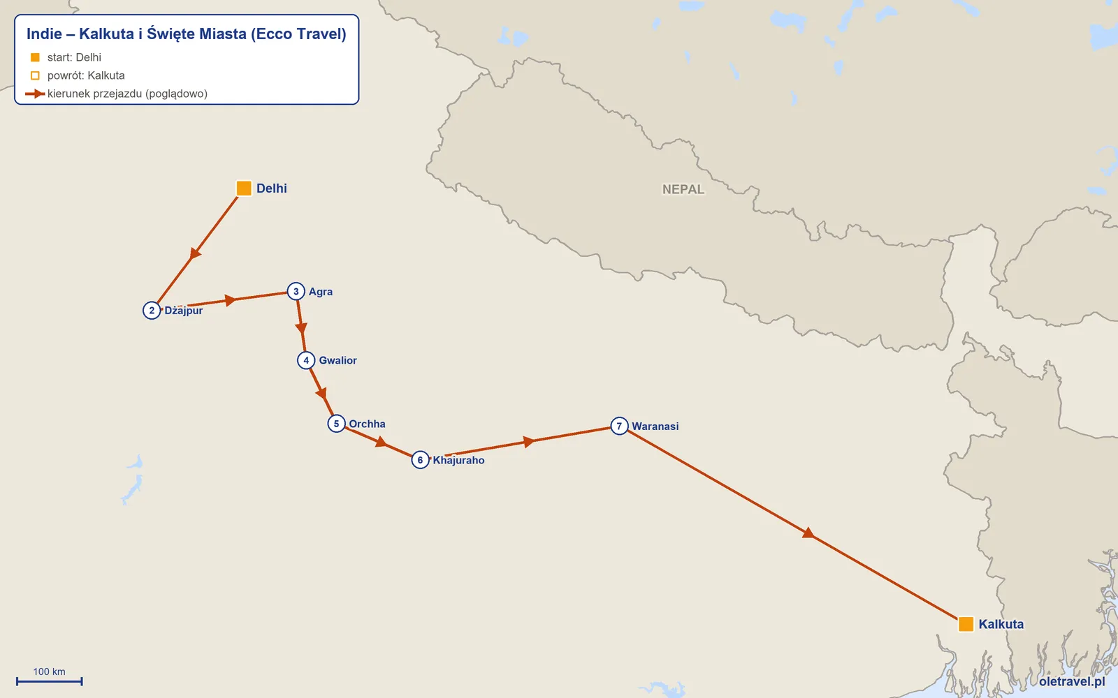 Mapa trasy wycieczki „Indie – Kalkuta i Święte Miasta” z Ecco Travel: Delhi – Dżajpur – Agra – Gwalior – Orchha – Khajuraho – Waranasi – Kalkuta