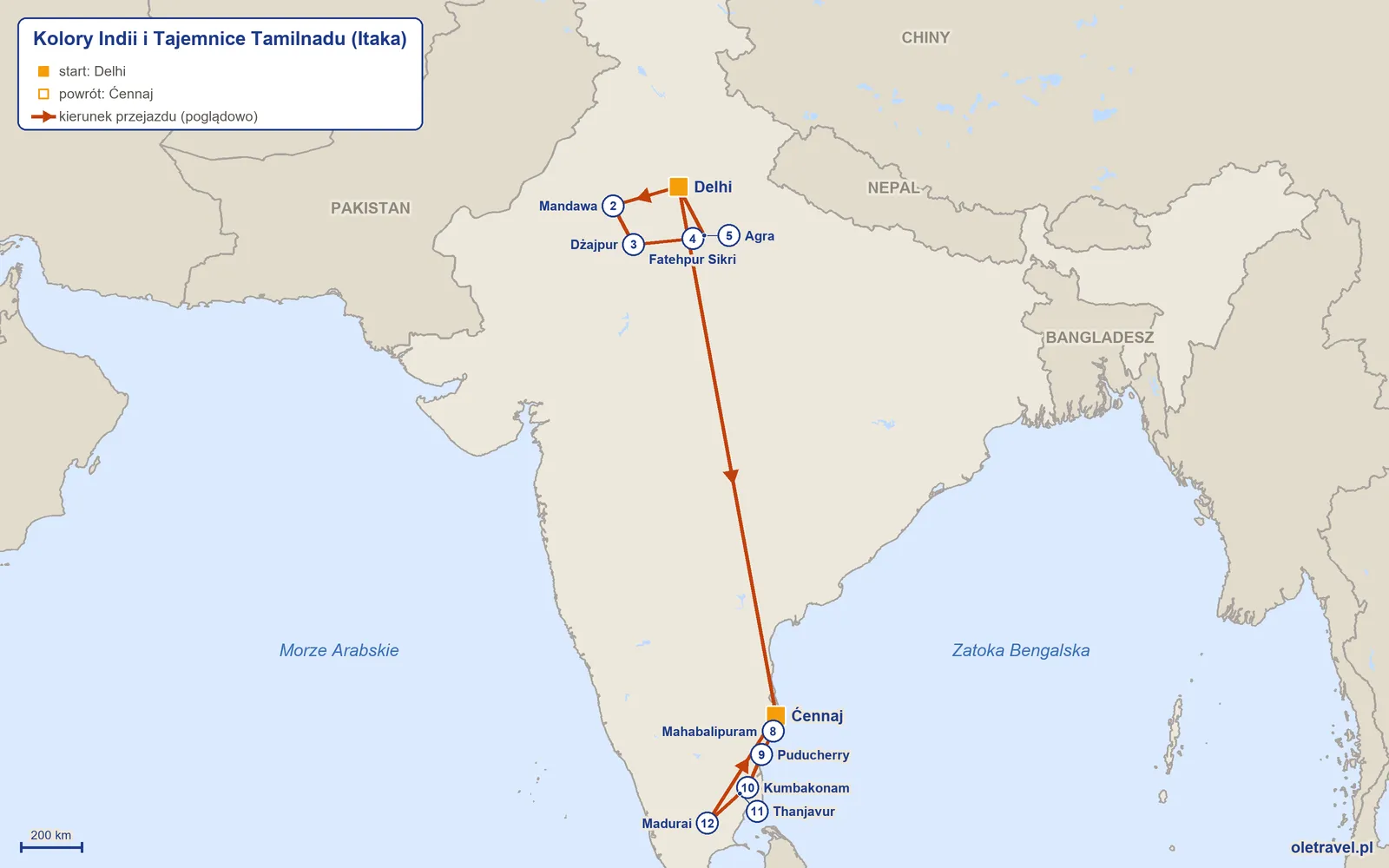 Mapa trasy wycieczki „Kolory Indii i Tajemnice Tamilnadu” z Itaką: Delhi – Mandawa – Dżajpur – Fatehpur Sikri – Agra – Delhi – Ćennaj – Mahabalipuram – Puducherry – Kumbakonam – Thanjavur – Madurai – Ćennaj