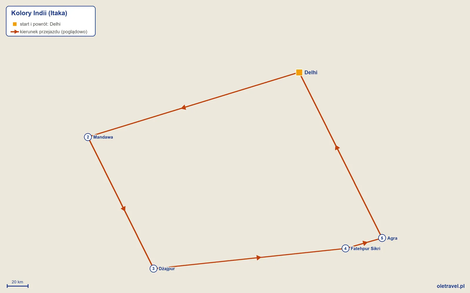 Mapa trasy wycieczki „Kolory Indii” z Itaką: Delhi – Mandawa – Dżajpur – Fatehpur Sikri – Agra – Delhi