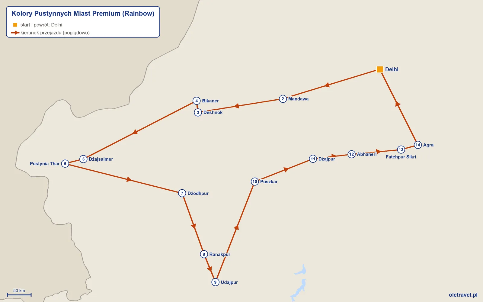 Mapa trasy wycieczki „Kolory Pustynnych Miast Premium” z Rainbow: Delhi – Mandawa – Deshnok – Bikaner – Dżajsalmer – Pustynia Thar – Dżodhpur – Ranakpur – Udajpur – Puszkar – Dżajpur – Abhaneri – Fatehpur Sikri – Agra – Delhi