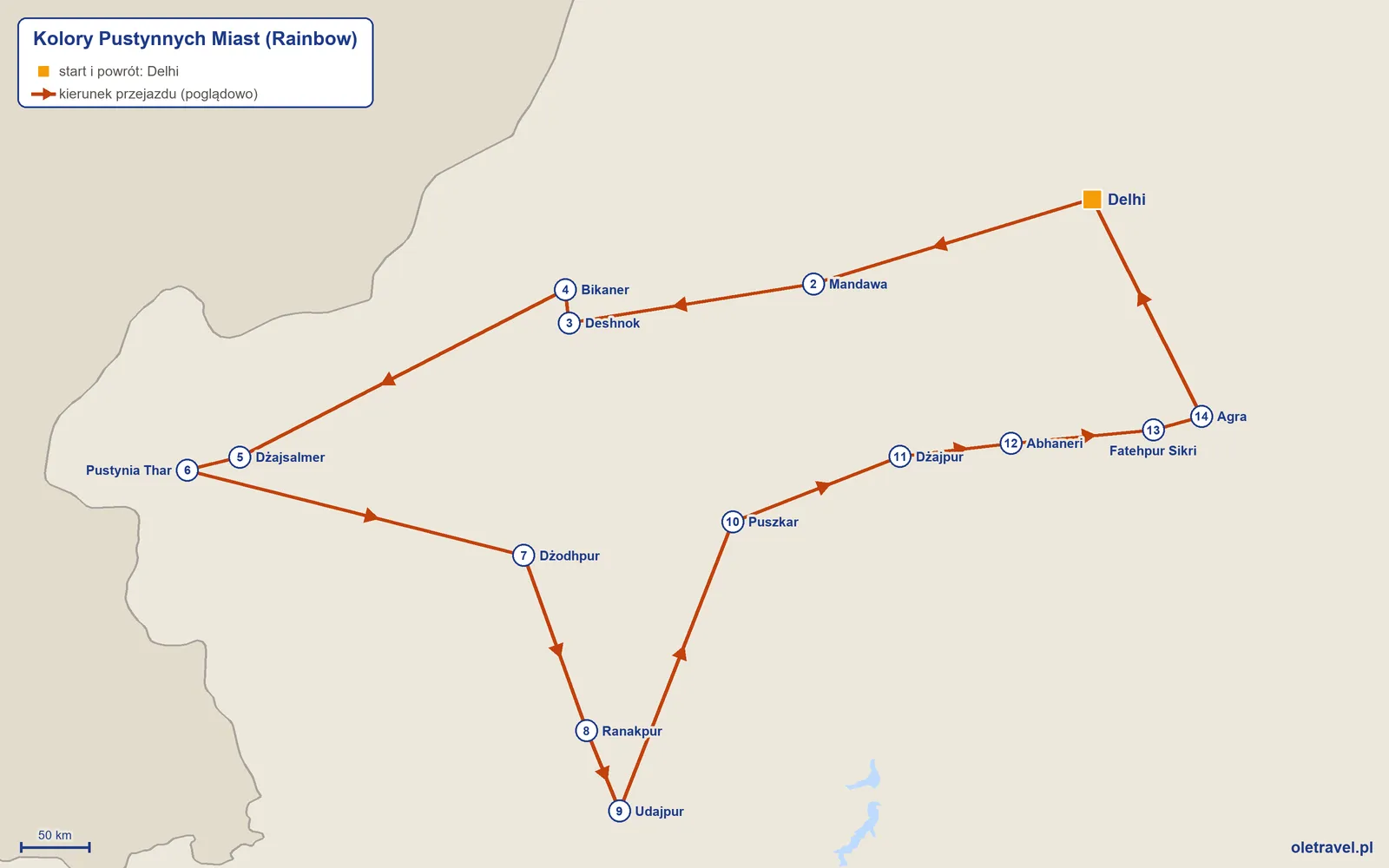 Mapa trasy wycieczki „Kolory Pustynnych Miast” z Rainbow: Delhi – Mandawa – Deshnok – Bikaner – Dżajsalmer – Pustynia Thar – Dżodhpur – Ranakpur – Udajpur – Puszkar – Dżajpur – Abhaneri – Fatehpur Sikri – Agra – Delhi