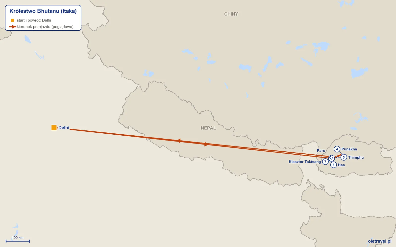 Mapa trasy wycieczki „Królestwo Bhutanu” z Itaką: Delhi – Paro – Thimphu – Punakha – Haa – Paro – Klasztor Taktsang – Delhi