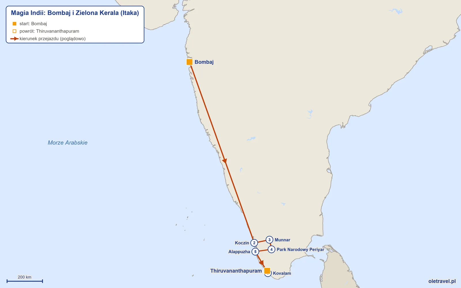 Mapa trasy wycieczki „Magia Indii: Bombaj i Zielona Kerala” z Itaką: Bombaj – Koczin – Munnar – Park Narodowy Periyar – Alappuzha – Kovalam – Thiruvananthapuram