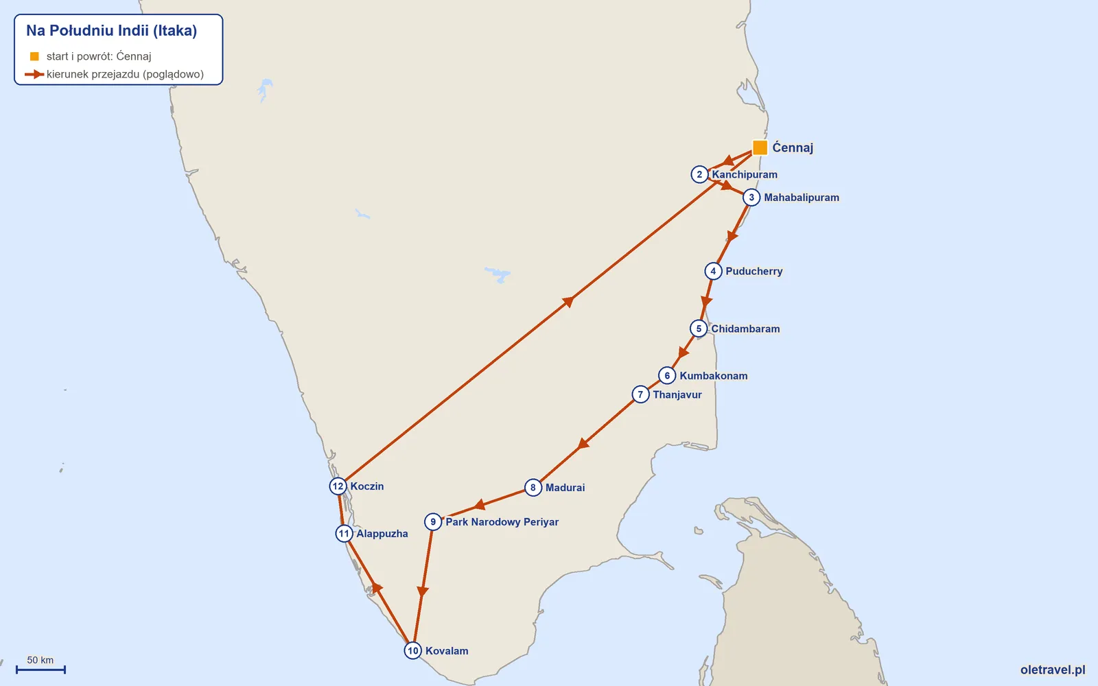 Mapa trasy wycieczki „Na Południu Indii” z Itaką: Ćennaj – Kanchipuram – Mahabalipuram – Puducherry – Chidambaram – Kumbakonam – Thanjavur – Madurai – Park Narodowy Periyar – Kovalam – Alappuzha – Koczin – Ćennaj