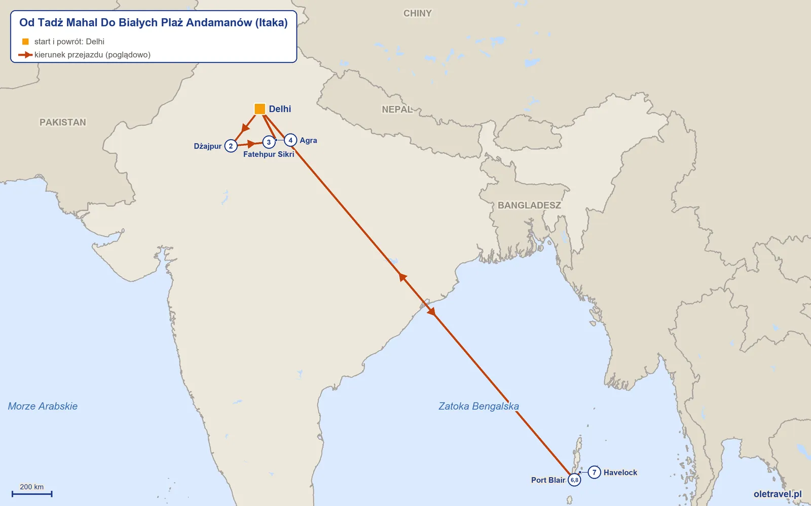 Mapa trasy wycieczki „Od Tadż Mahal Do Białych Plaż Andamanów” z Itaką: Delhi – Dżajpur – Fatehpur Sikri – Agra – Delhi – Port Blair – Havelock – Port Blair – Delhi