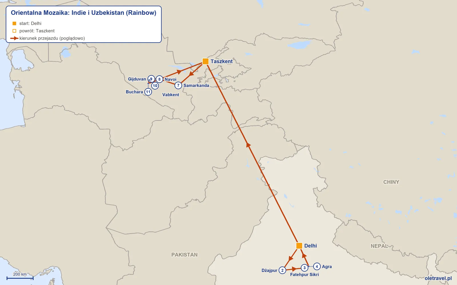 Mapa trasy wycieczki „Orientalna Mozaika: Indie i Uzbekistan” z Rainbow: Delhi – Dżajpur – Fatehpur Sikri – Agra – Delhi – Taszkent – Samarkanda – Navoi – Gijduvan – Vabkent – Buchara – Taszkent