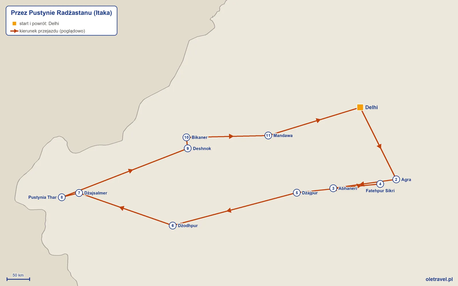 Mapa trasy wycieczki „Przez Pustynie Radżastanu” z Itaką: Delhi – Agra – Abhaneri – Fatehpur Sikri – Dżajpur – Dżodhpur – Dżajsalmer – Pustynia Thar – Deshnok – Bikaner – Mandawa – Delhi