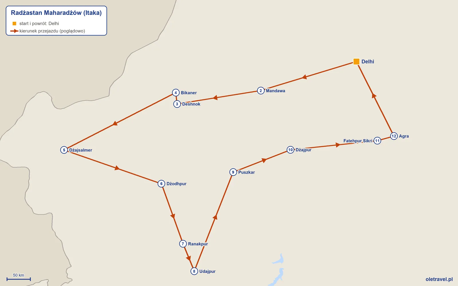 Mapa trasy wycieczki „Radżastan Maharadżów” z Itaką: Delhi – Mandawa – Deshnok – Bikaner – Dżajsalmer – Dżodhpur – Ranakpur – Udajpur – Puszkar – Dżajpur – Fatehpur Sikri – Agra – Delhi