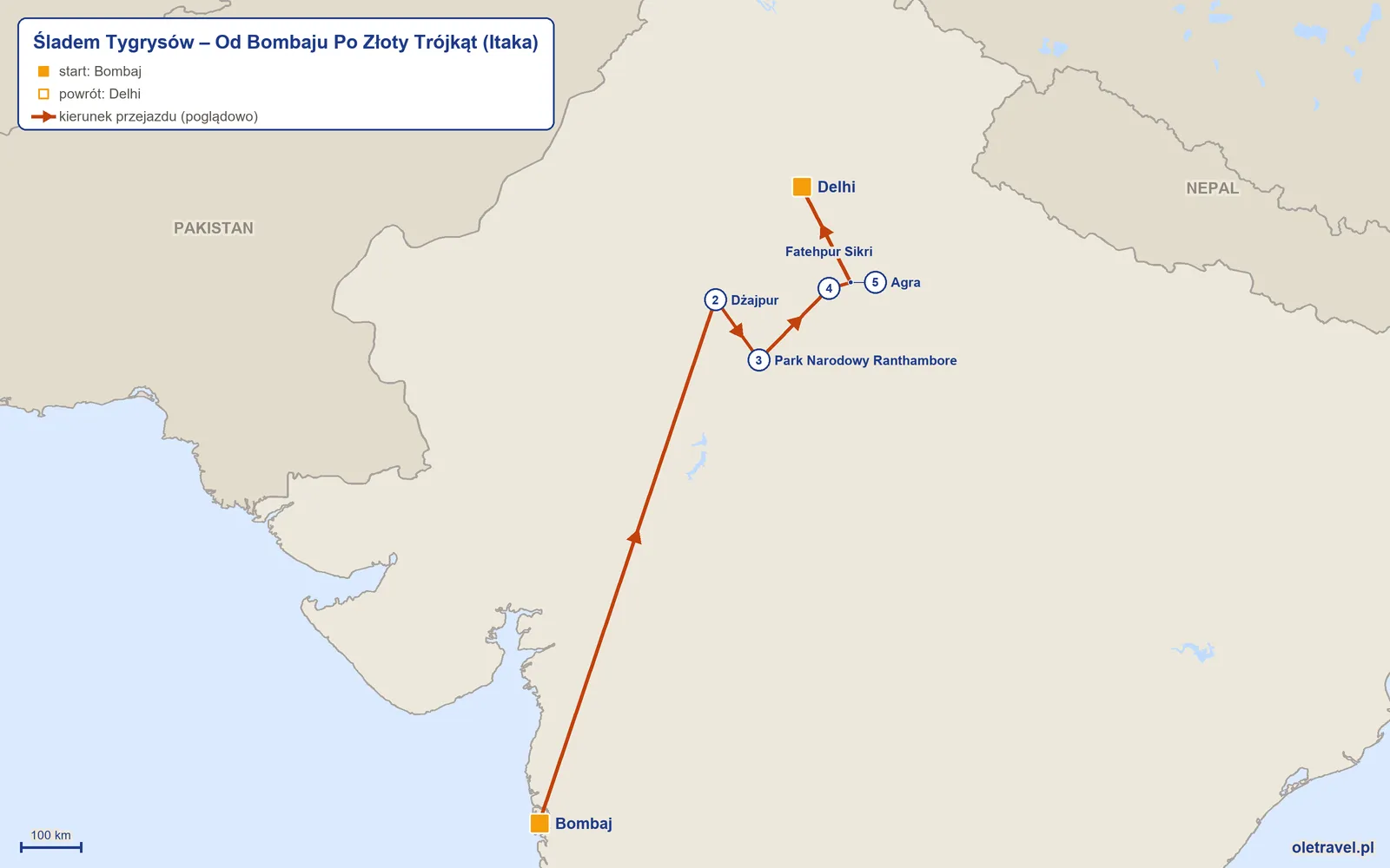 Mapa trasy wycieczki „Śladem Tygrysów – Od Bombaju Po Złoty Trójkąt” z Itaką: Bombaj – Dżajpur – Park Narodowy Ranthambore – Fatehpur Sikri – Agra – Delhi