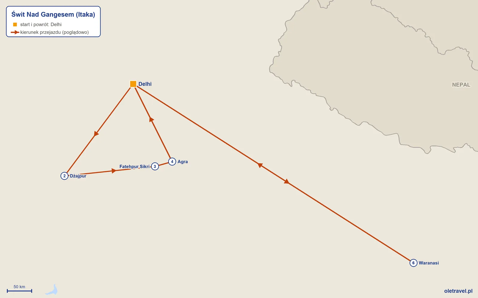 Mapa trasy wycieczki „Świt Nad Gangesem” z Itaką: Delhi – Dżajpur – Fatehpur Sikri – Agra – Delhi – Waranasi – Delhi