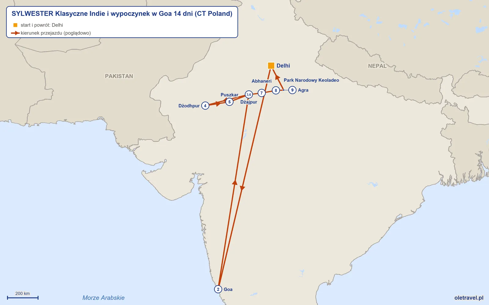 Mapa trasy wycieczki „SYLWESTER Klasyczne Indie i wypoczynek w Goa 14 dni” z CT Poland: Delhi – Goa – Dżajpur – Dżodhpur – Puszkar – Dżajpur – Abhaneri – Park Narodowy Keoladeo – Agra – Delhi