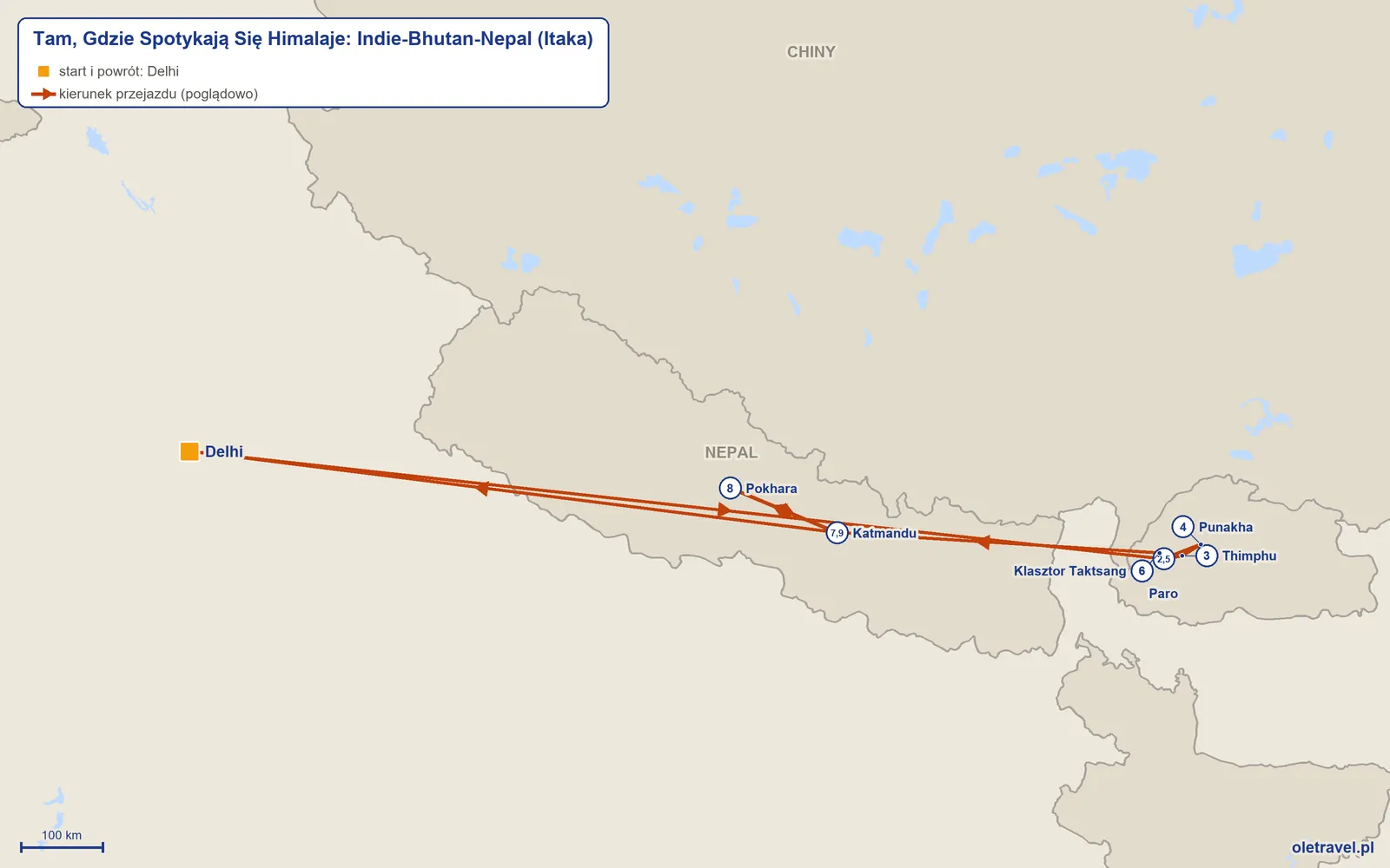 Mapa trasy wycieczki „Tam, Gdzie Spotykają Się Himalaje: Indie-Bhutan-Nepal” z Itaką: Delhi – Paro – Thimphu – Punakha – Paro – Klasztor Taktsang – Katmandu – Pokhara – Katmandu – Delhi